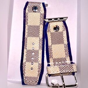Upcycled Louis Vuitton Damier Azur with blue leather Apple Watch band